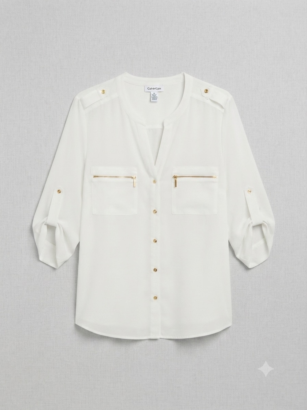 Calvin Klein White V-Neck Button Utility Blouse with Gold Accents